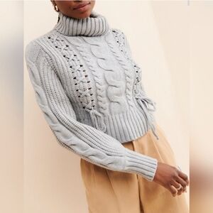 4SI3NNA Rocio Cable Knit Sweater LARGE Gray Chunky Oversized Shoelace Cowl Neck